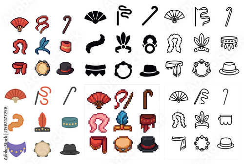 Theater and costume linear icons set – pixel art, performance, drama symbols