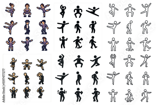 Dance and movement pixel art icons set – silhouette, solid, performance symbols