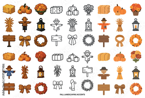 Fall landscaping pixel art icons set – autumn, gardening, seasonal symbols