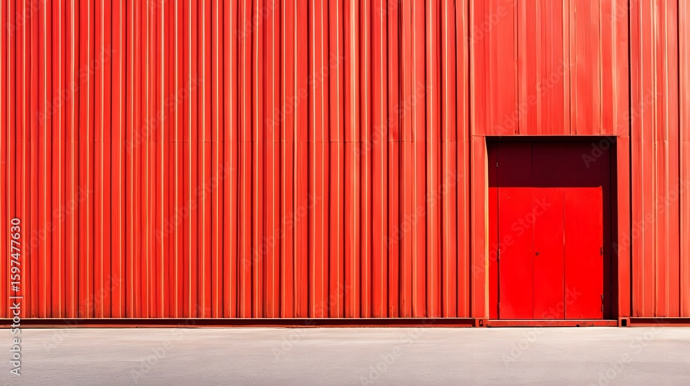 Bright red industrial building exterior with vertical metal siding and a compact door, minimalistic urban architecture shot showcasing vibrant color Bright red industrial building exterior with vertical metal siding and a compact door, minimalistic urban architecture shot showcasing vibrant color