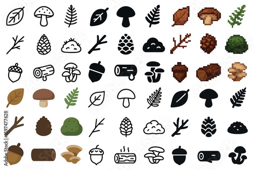 Nature and forest icons set – pixel art, silhouette, woodland and greenery graphics