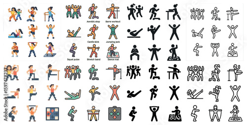 Fitness and exercise icons set – pixel art, silhouette, workout and gym symbols