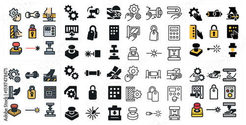 Safety and engineering symbols line icons set – outline, security, manufacturing tools