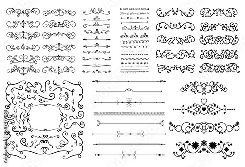 dividers doodle set. Wedding decorative elements. Divider ornament, borders, vintage line separators. Hand drawn vector illustration