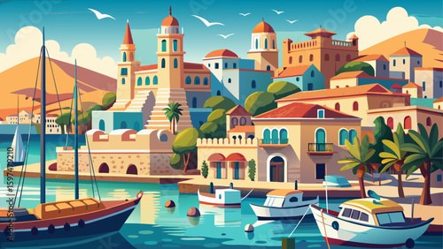 Very beautiful Crete's Chania harbor: a panoramic scene of Venetian architecture, bobbing fishing boats, and elegant yachts.