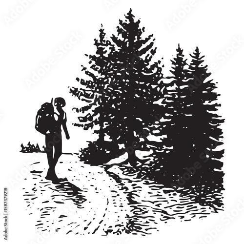 Black and white hiking illustration with backpacker, featuring vintage forest adventure and outdoor trek art