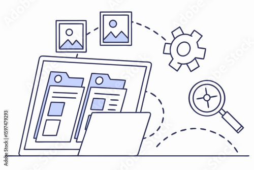 Document management system interface showing centralized workflow, digital file storage, and organized data access for business, modern flat illustration style