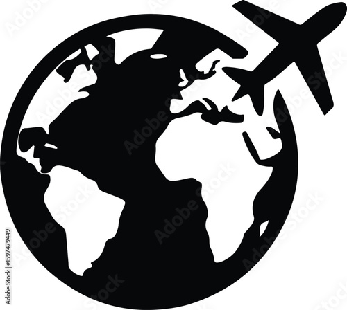 Silhouette airplane flying around world globe travel concept vector illustrator