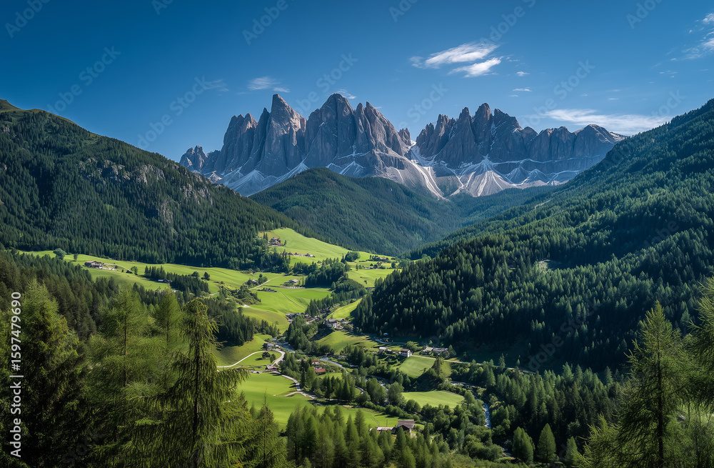 Fototapeta premium Majestic Val di Funes with Odle Peaks and Lush Valleys
