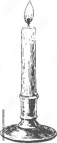 Candle with flame on a holder, shown in a simple vintage sketch style. Black and white vector illustration.