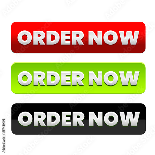 Bold Order Now Buttons: A trio of vividly colored, glossy ORDER NOW buttons, each inviting customers to take immediate action and embrace the convenience of online ordering.