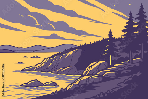 First light spreads over Acadia’s coast, waking the land in hues of lavender and gold, modern flat illustration style