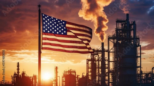 American flag waving at sunset near industrial refinery with smoke in USA industry