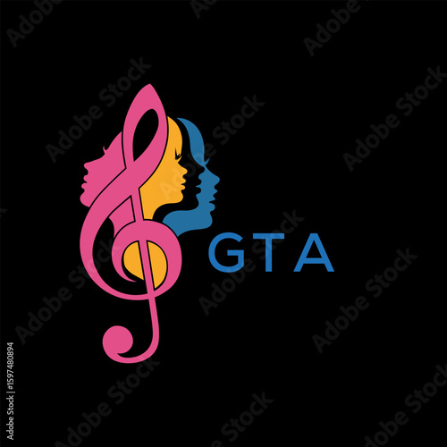 GTA Colorful Music Logo with Female Silhouettes and Treble Clef, GTA  Later Logo, Creative Women’s Face Profiles in Musical Design, Modern Artistic Treble Clef with Feminine Silhouettes.
