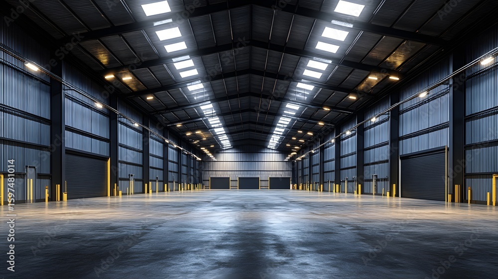 Obraz premium Spacious modern industrial warehouse interior with high ceilings, metal walls, overhead lighting, and multiple large rolling doors for storage and logistics