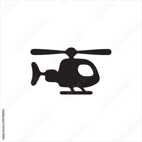 Black silhouette of a helicopter with rotor blades and landing skids white