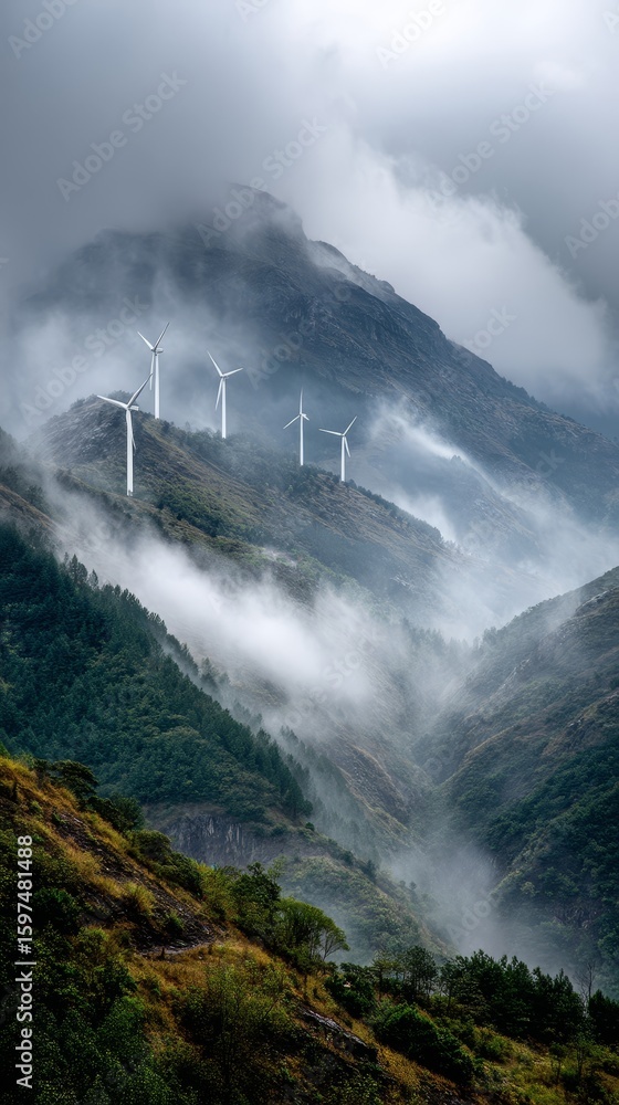Fototapeta premium A Rugged Mountaintop with Enormous Wind Turbines Surrounded by Misty Peaks
