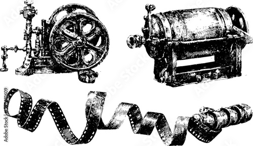 Vintage film strip, reel, and camera machine set in black and white. Classic retro vector illustration of old mechanical cinema equipment.