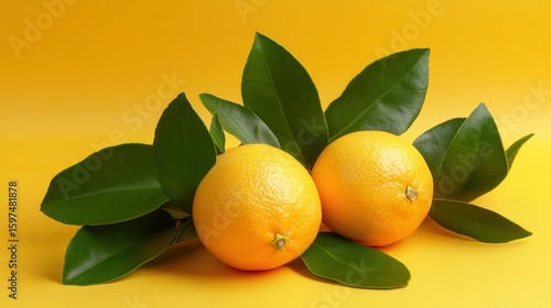 Ripe juicy lemons, orange, and green leaves on bright yellow background. Lemon fruit, citrus minimal concept, vitamin C