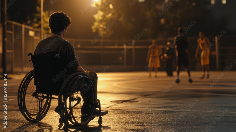 Obraz premium A man in a wheelchair watches a game of basketball