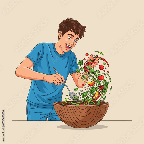 Enthusiastic Young Man Mixing Colorful Salad in Wooden Bowl with Spoon, Preparing Healthy Food