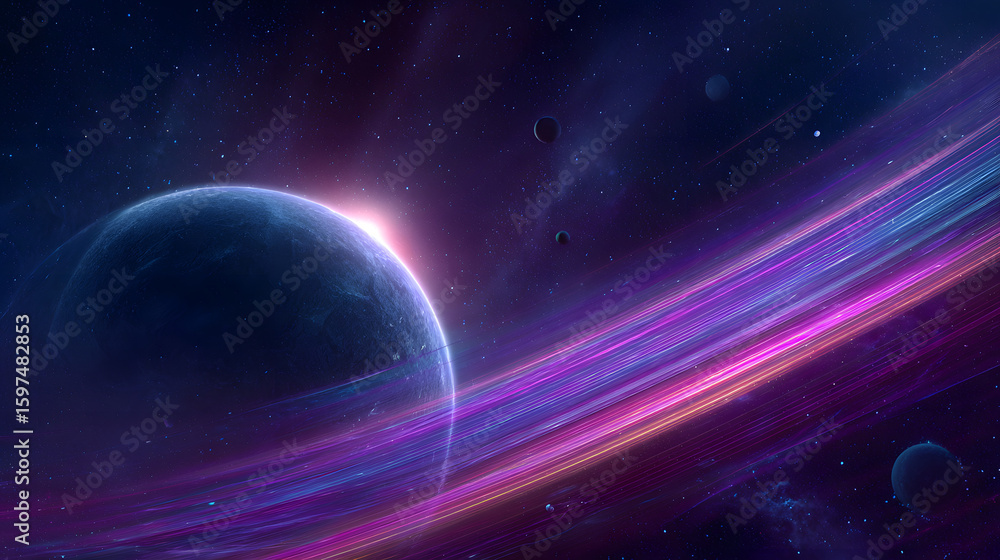 Fototapeta premium large luminous planet glowing on the left suspended in deep indigo space with vivid electric purple pink and orange light ribbons arcing across the cosmos