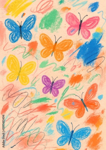 Colorful butterflies crayon illustration.