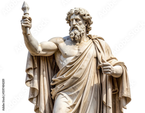 Marble Statue of Zeus Holding Thunderbolt Isolated on Transparent Background PNG