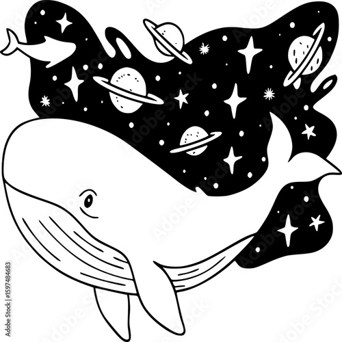 Whale with Space Elements Line Art