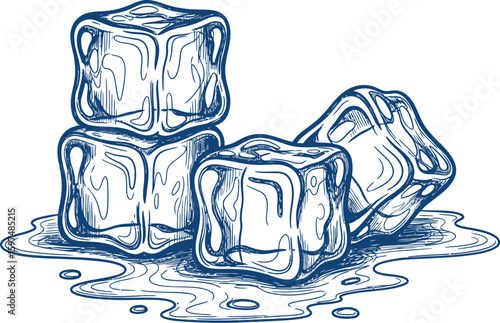 Hand drawn ice cubes sketch design with melting water puddle effect