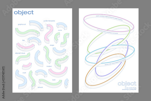 futuristic abstract object poster template using soft pastel 3d shapes, curved visual elements, and modular design structure expressing fluidity connection ring loop link bold line pattern cover flyer
