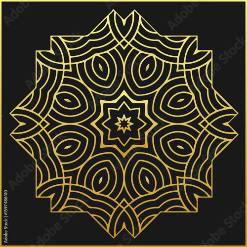 Ethnic black background, cover design. Geometric decorative gold pattern. Template, stencil, stained glass. Artistic elements, ornaments, mandala, logo of the East, Asia, India, Mexico, Aztec, Peru.