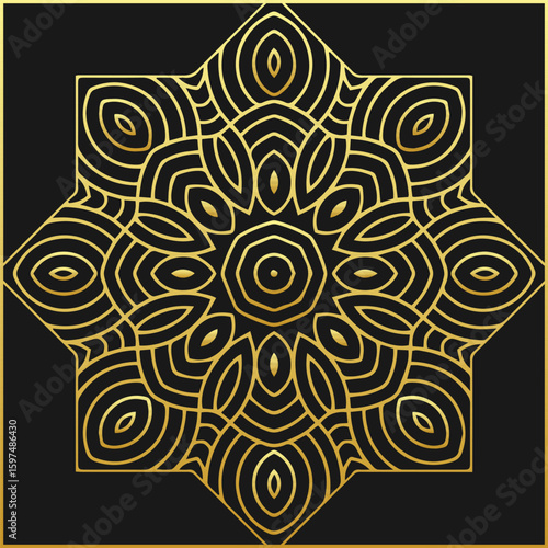 Ethnic black background, cover design. Geometric exotic golden pattern. Template, stencil, stained glass. Artistic elements, ornaments, mandala, logo of the East, Asia, India, Mexico, Aztec, Peru.