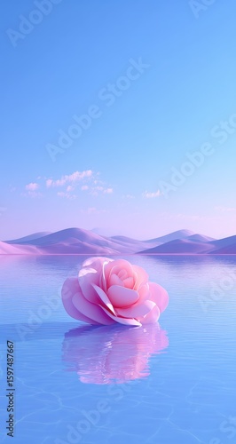 Pink rose floats on pastel-colored water, mountains in the distance
