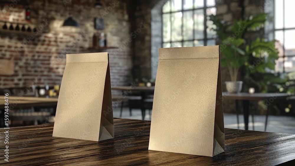 Two kraft paper bags on a wooden table in a cafe setting Two kraft paper bags on a wooden table in a cafe setting