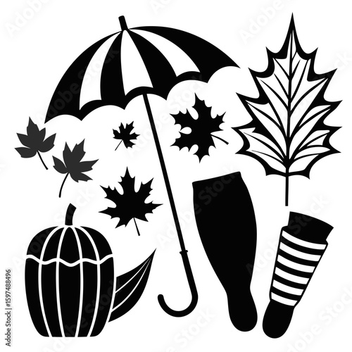 Autumn elements including an umbrella pumpkin maple leaves and boots
