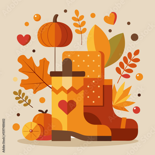 Cozy autumn scene with rain boots pumpkin and falling leaves
