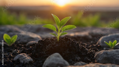 A young plant growing on a rock