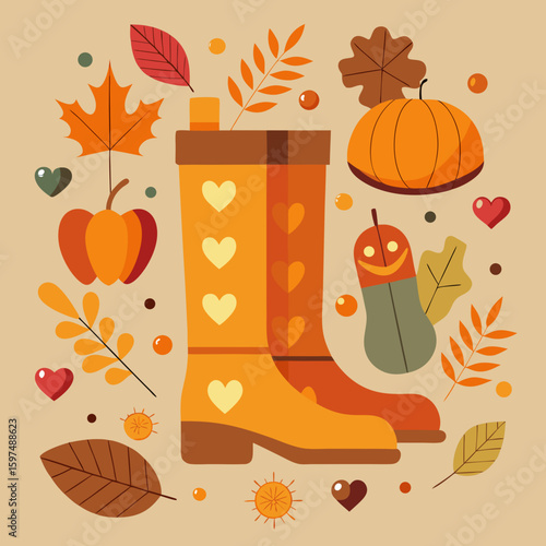 Cozy autumn scene with rain boots pumpkin leaves and hearts
