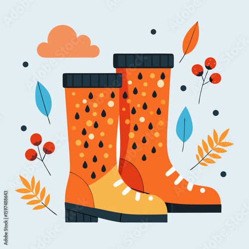 Autumnal illustration of orange rain boots with leaf and berry accents