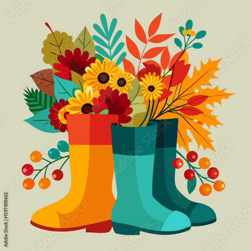 Autumn floral arrangement in colorful rubber boots with falling leaves and berries
