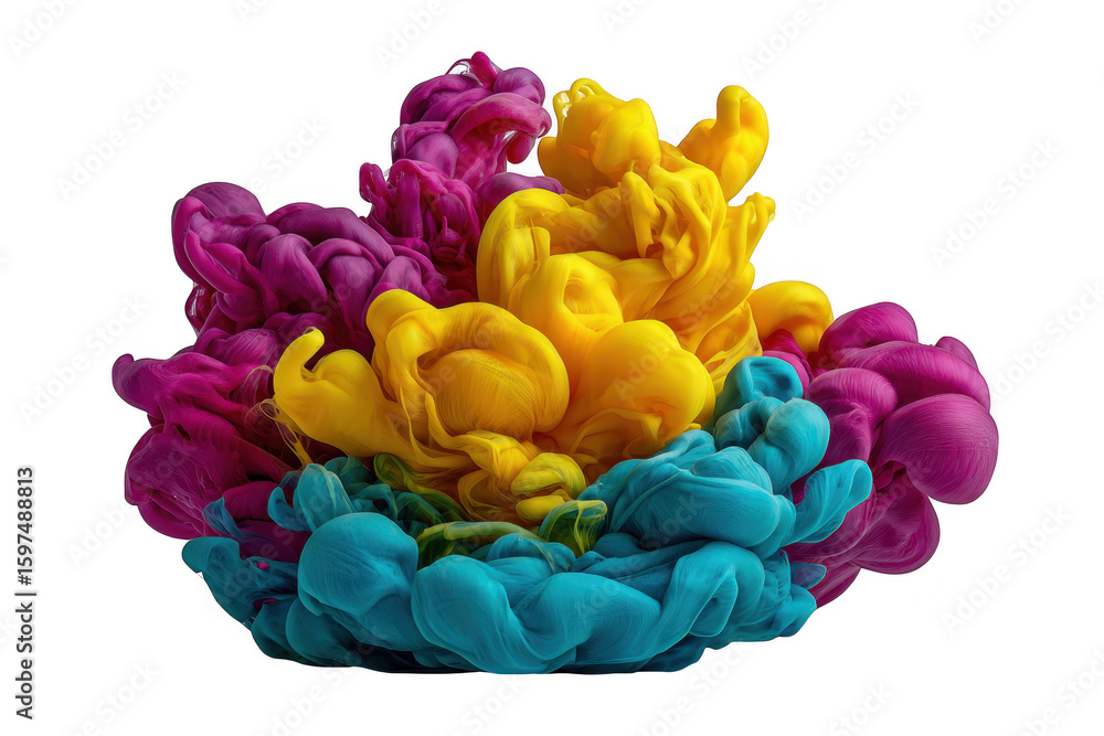 Fototapeta premium Vibrant magenta yellow and teal ink clouds swirling in water against a transparent background