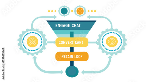 A funnel diagram showing engage chat convert cart and retain loop with gears and arrows flowing through it