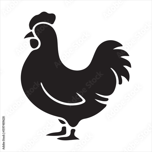 Black silhouette of a rooster standing on a white background chicken bird