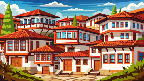 A historic Ottoman house in Safranbolu, Turkey, with timber beams, white walls, and latticed windows, surrounded by narrow alleys and red-tiled rooftops