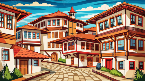A historic Ottoman house in Safranbolu, Turkey, with timber beams, white walls, and latticed windows, surrounded by narrow alleys and red-tiled rooftops