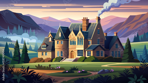An elegant stone manor in the Scottish Highlands with slate roof, wide chimneys, and surrounding foggy meadows, echoing tales of history and solitude