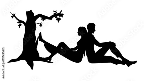 Silhouette of Togetherness: A touching silhouette depicts a couple's affectionate embrace amidst the natural tranquility of a lone tree, conveying sentiments of love and unity.