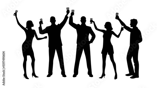 Celebration of Cheers: A striking silhouette of a group of people, glasses raised in a spirited toast, symbolizing unity, festivity, and camaraderie, evoking feelings of joy and merriment.