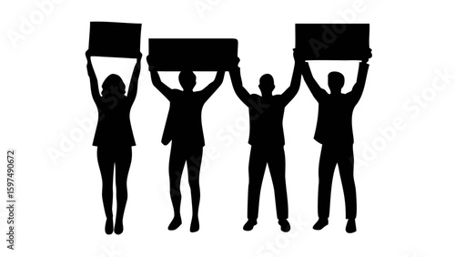 Silhouette Protest: A united group of protesters raises blank signs in silhouette, embodying a powerful message of solidarity and the fight for change.